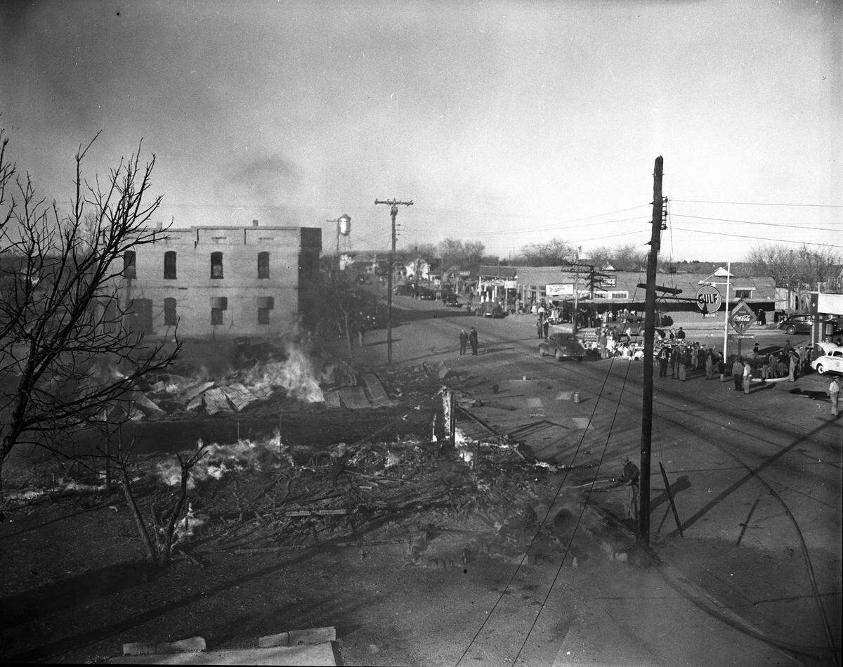 Dec. 5, 1941: Fire in downtown Keller which destroyed lumber yard, beauty shop and hardware store.