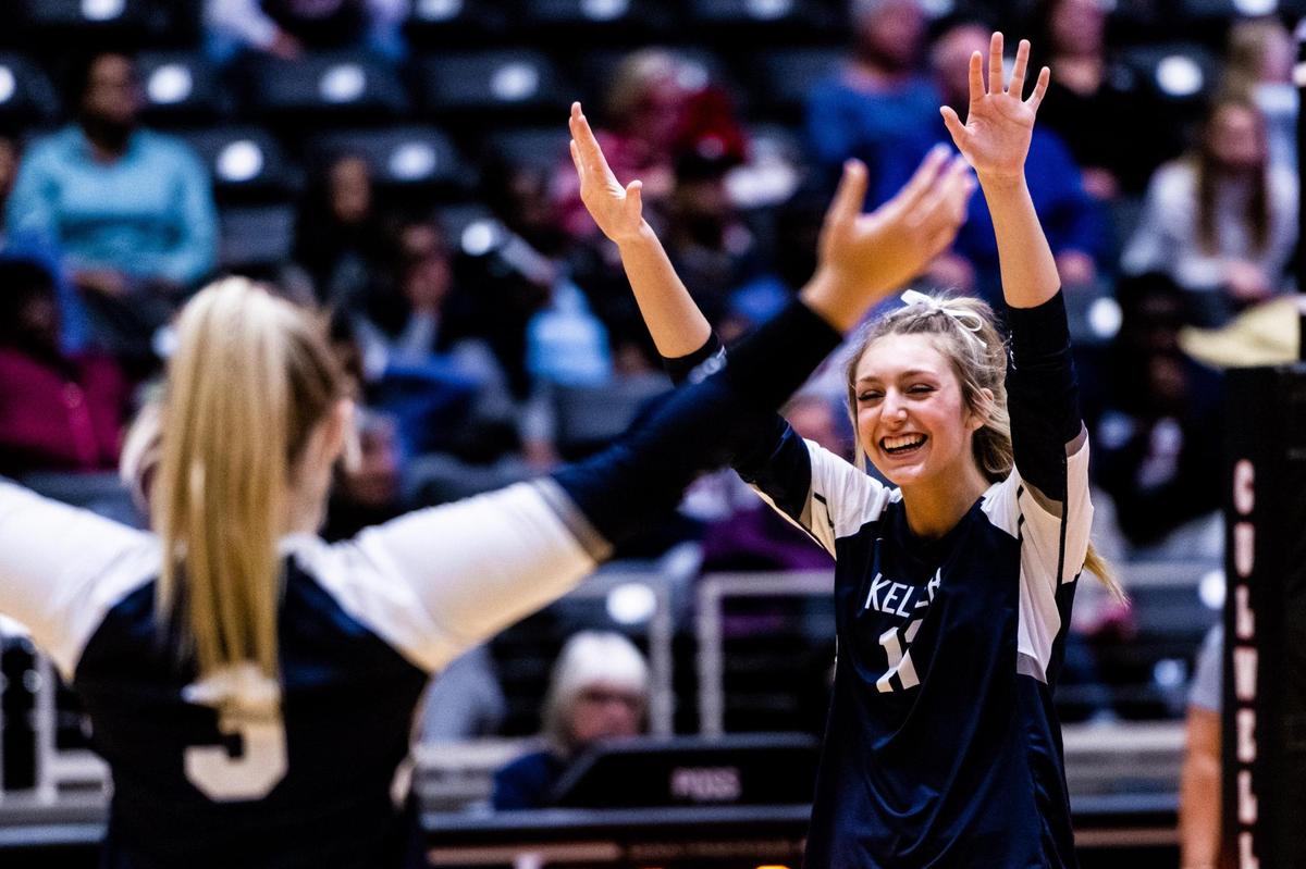 Brooklyn Harter celebrates a point during the 6A UIL state semifinal between Keller and Katy Tompkins at the Curtis Culwell Center in Garland on November 18th, 2022.