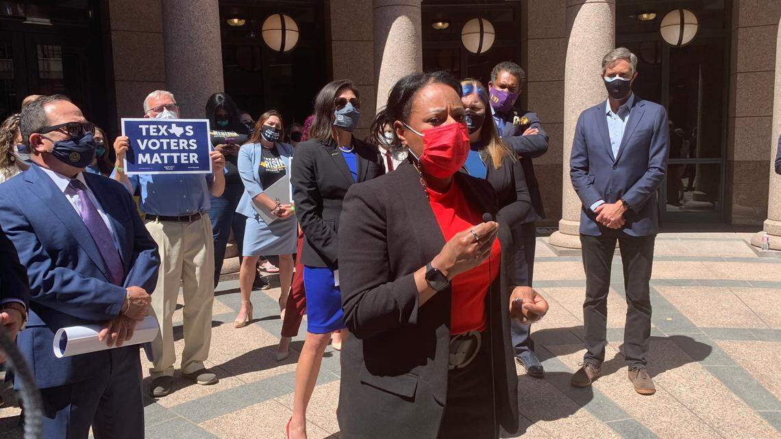State Rep. Nicole Collier speaks at a news conference on House Bill 6 at the Texas Capitol on Thursday.
