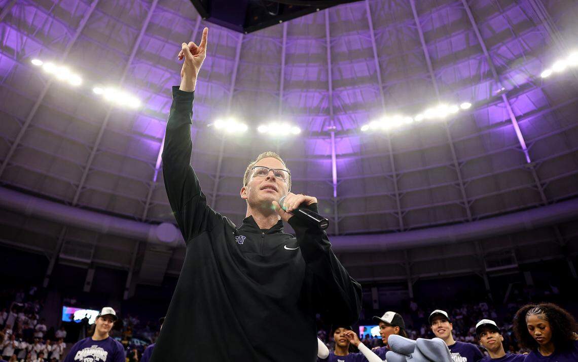 Texas Christian University head coach Mark Campbell celebrates winning the Big 12 regular season championship on Sunday, March 1 2026, at Schollmaier Arena in Fort Worth.