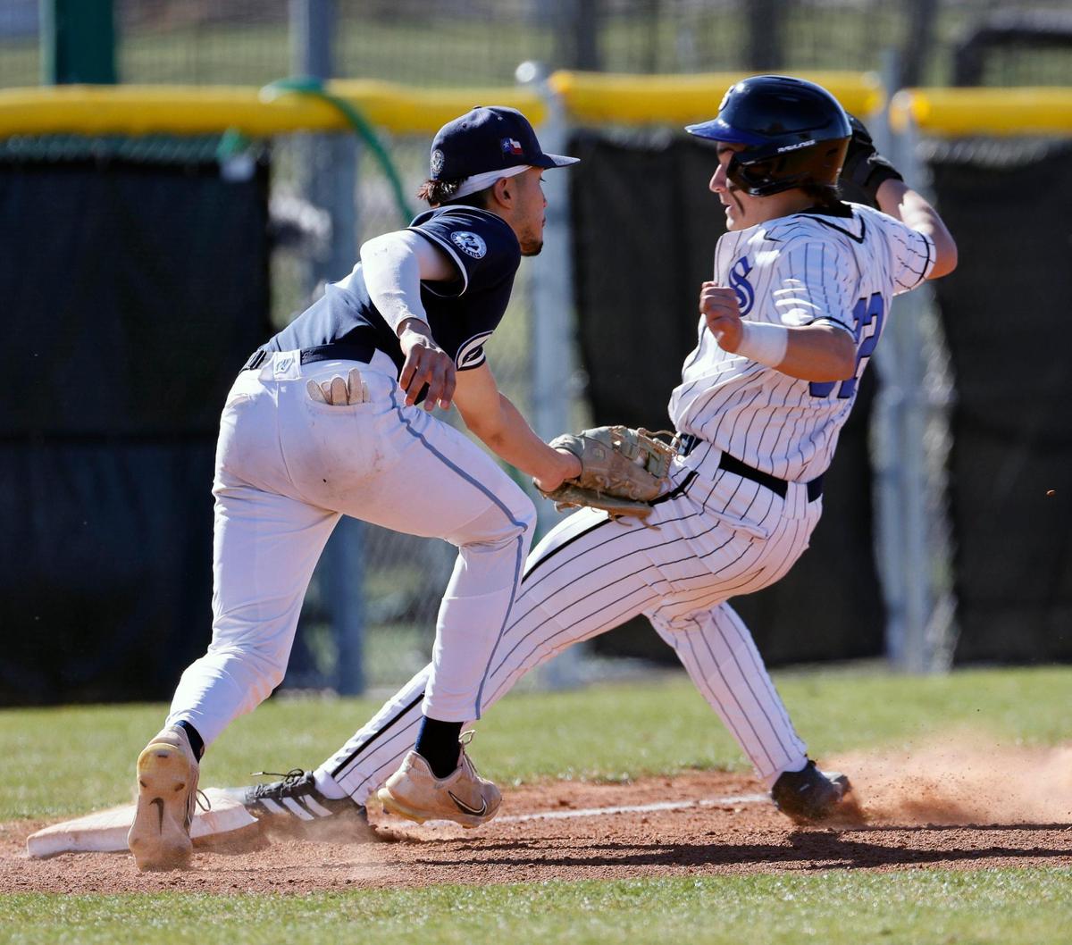 Wyatt third baseman Cristian Faudoa (3) gets Southwest Christian third baseman Josh Blanco (32) during a UIL baseball game at Benbrook High School in Fort Worth, Texas, Thursday, Feb. 22, 2024.