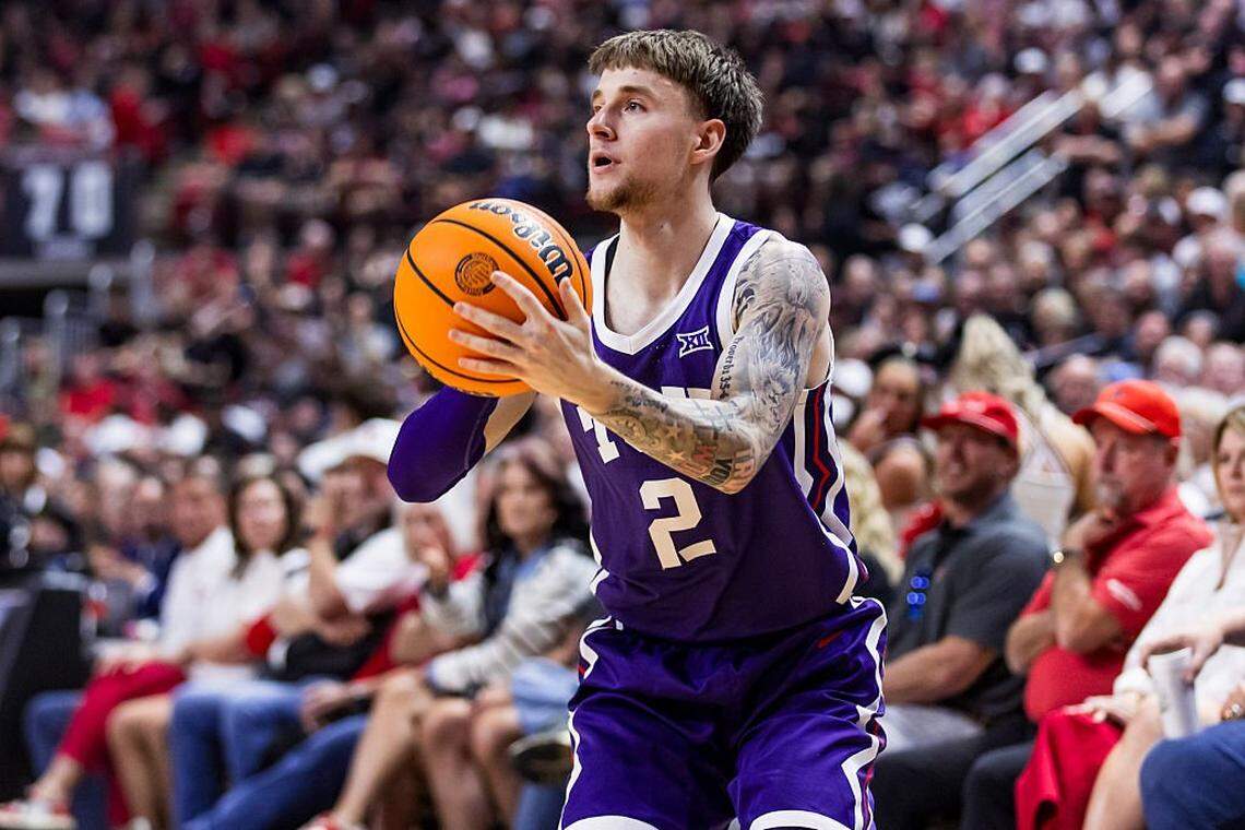 LUBBOCK, TEXAS - MARCH 03: Brock Harding #2 of the TCU Horned Frogs shoots the ball during the first half of the game against the Texas Tech Red Raiders at United Supermarkets Arena on March 03, 2026 in Lubbock, Texas. (Photo by John E. Moore III/Getty Images)