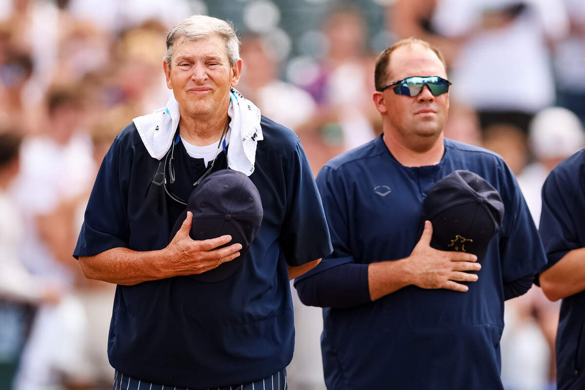 Keller head coach Rob Stramp stands next to assistant coach Jared Stafford in his final game before retirement in the UIL Texas high school baseball Class 6A Division I state championship at Dell Diamond in Round Rock, Texas, Saturday, June 6, 2026.