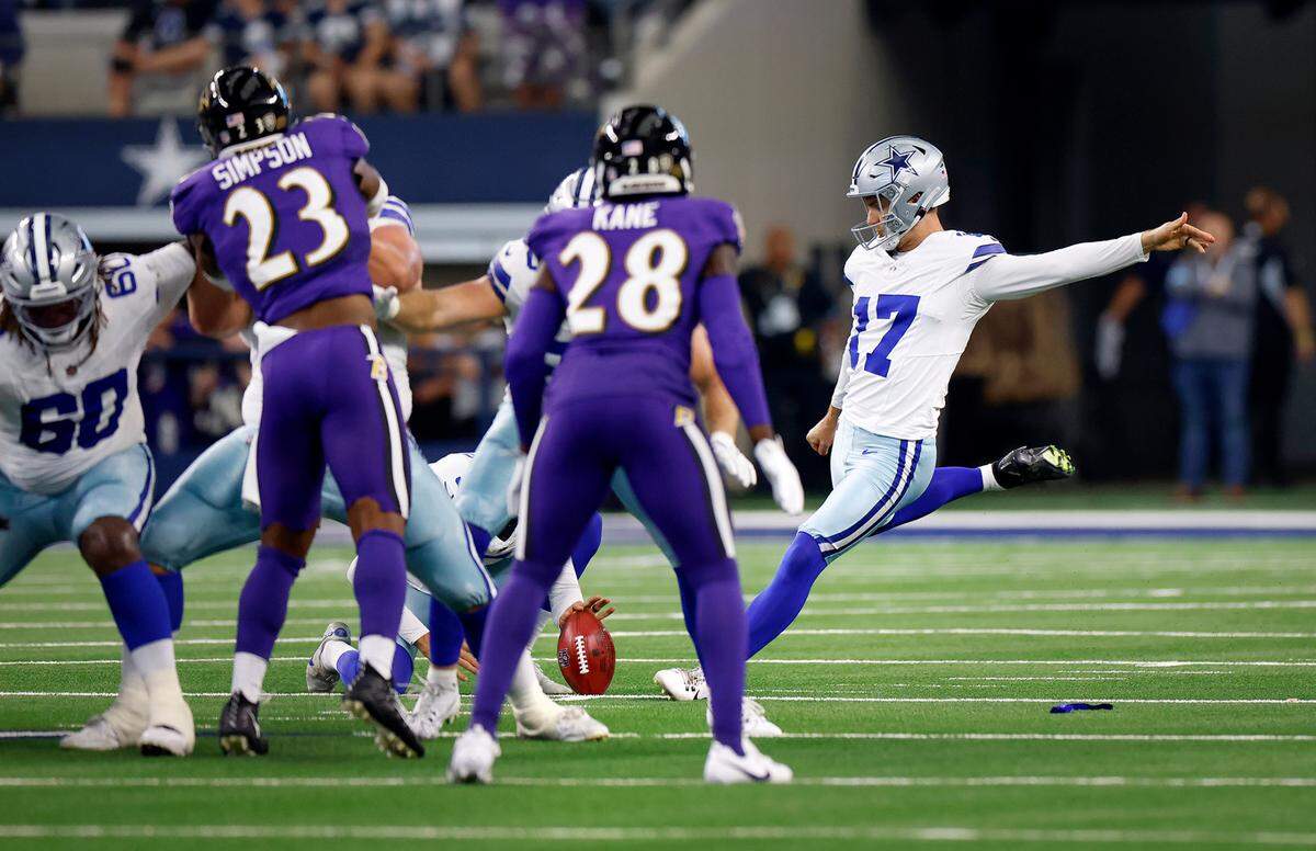 Dallas Cowboys kicker Brandon Aubrey kicks a 65-yard field goal to set the franchise record against the Baltimore Ravens on Sunday, Sept. 22, 2024, at AT&T Stadium in Arlington.