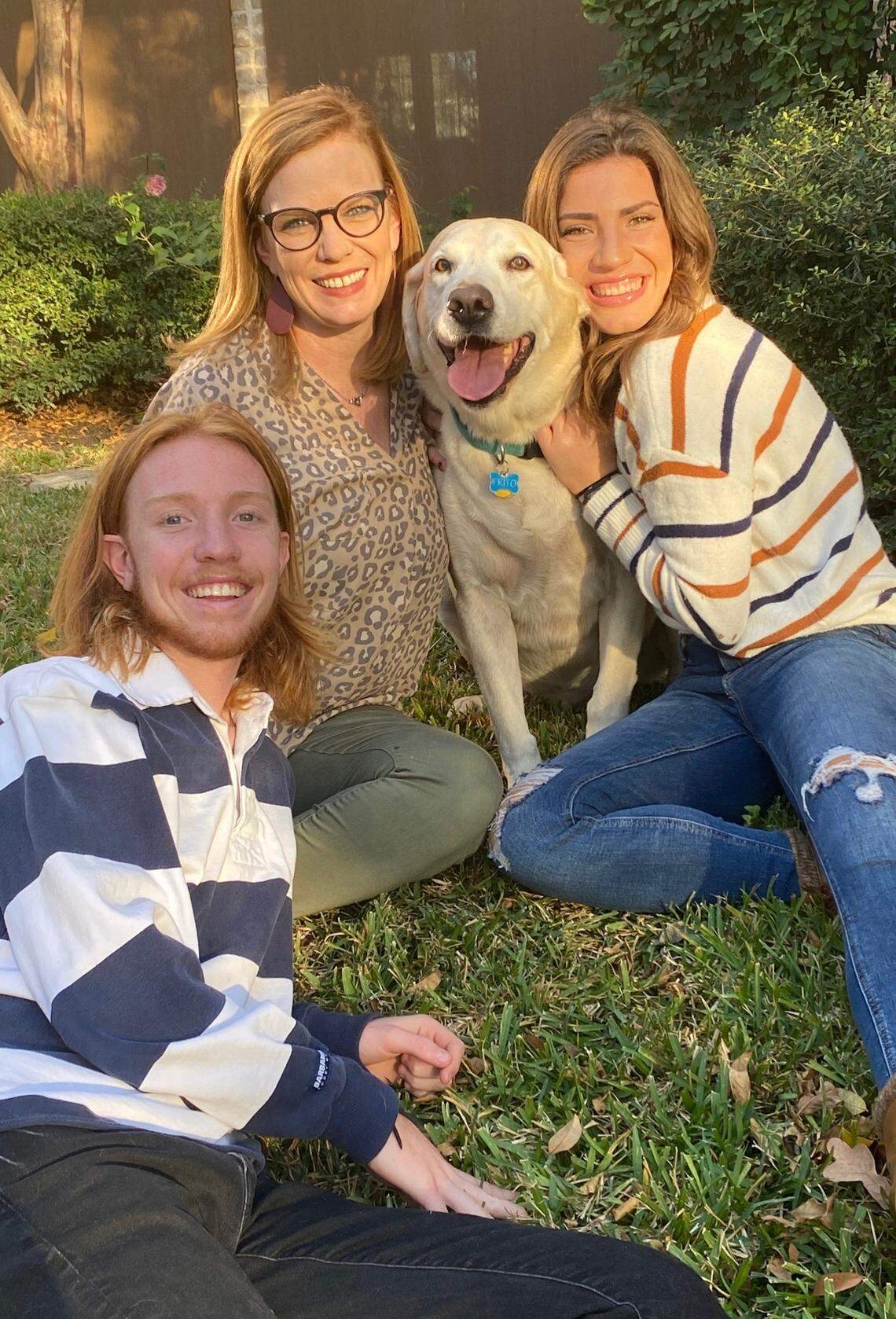 Wade Sanders died from COVID-19 in April. His family, Lawson Sanders (left), Anne Sanders (center) and Dallas Sanders (right), still struggle with the grief of losing the man many referred to as the “Cowtown Wine Dude.” They have leaned on one another and their dog, Frito, for support.