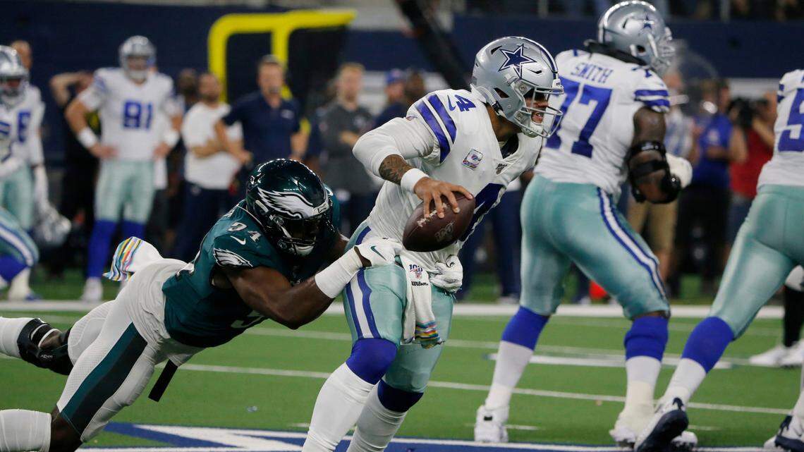 Philadelphia Eagles defensive end Josh Sweat pressures Dallas Cowboys quarterback Dak Prescott during ga game in October 2019 at AT&T Stadium in Arlington. The teams meet in Arlington for Monday Night Football in Week 3.