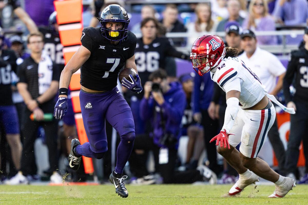 TCU wide receiver JP Richardson (7) runs up field after a catch in the second half of a NCAA football game at Amon G. Carter Stadium in Fort Worth on Saturday, Nov. 23, 2024.