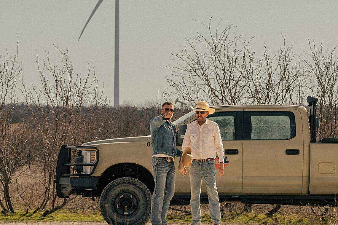 (L to R): Co-creator Taylor Sheridan and Billy Bob Thornton as Tommy Norris in season 1, episode 3 of “Landman” streaming on Paramount+.