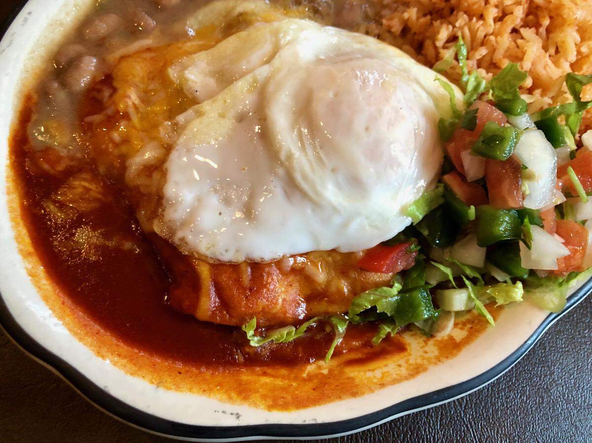 New Mexico stacked enchiladas with red and green chile at La Choza west of Lakeside.