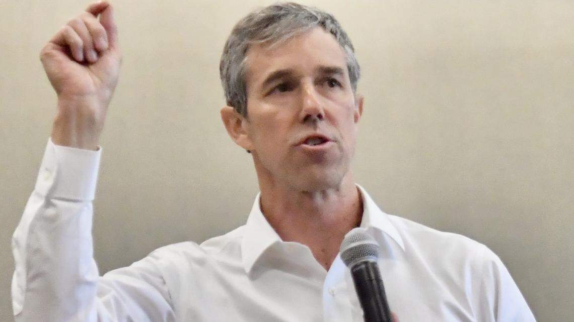 Beto O’Rourke, former Democratic congressman for El Paso, speaks to a town hall in Wichita Falls, Texas, April 12, 2025.