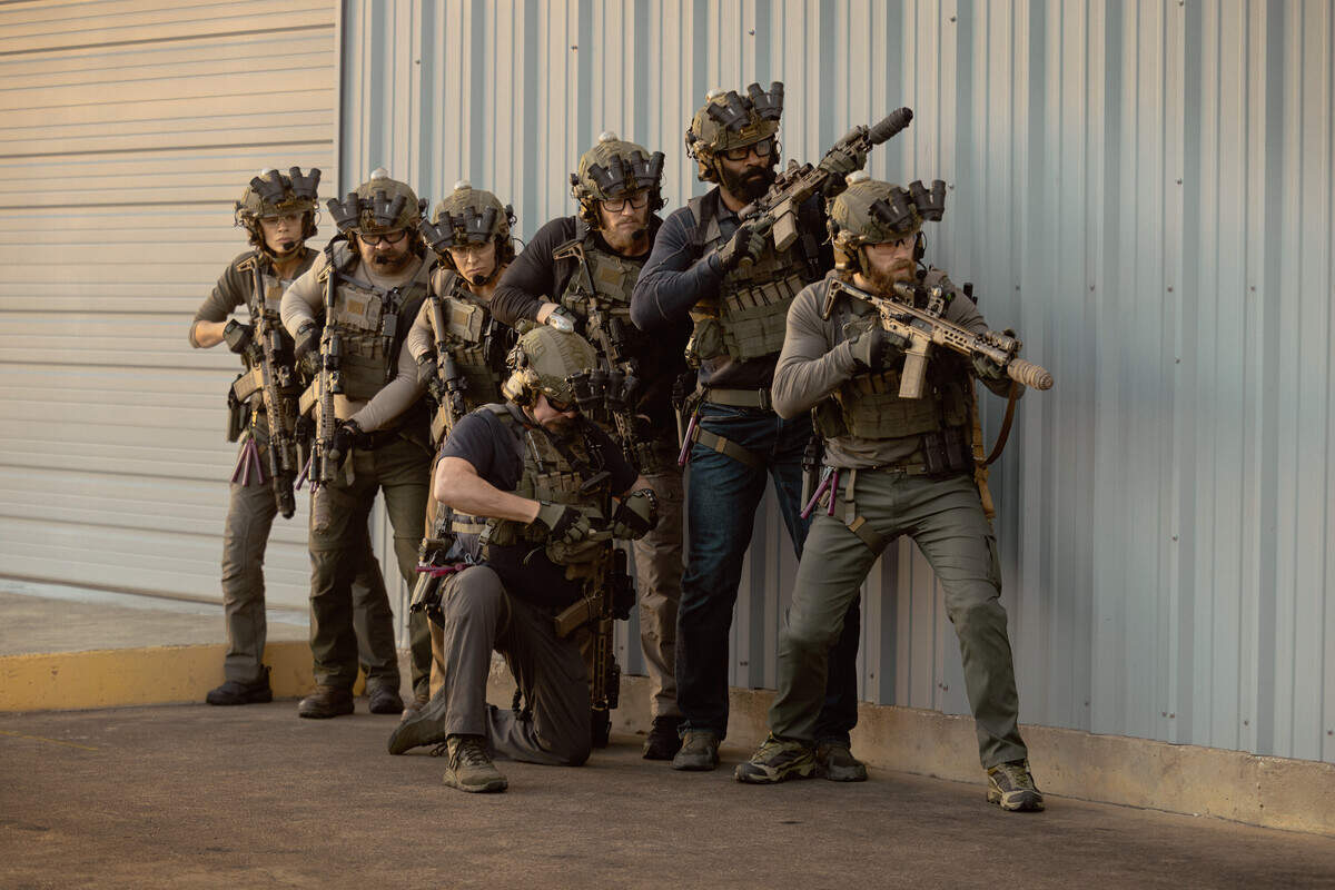 L-R: Laysla De Oliveira as Cruz, Austin Hébert as Randy, Jill Wagner as Bobby, James Jordan as Two Cups, Jonah Wharton as Tex, LaMonica Garrett as Tucker, Thad Luckinbill as Kyle in “Lioness” episode 4, season 3, streaming on Paramount+, 2026.