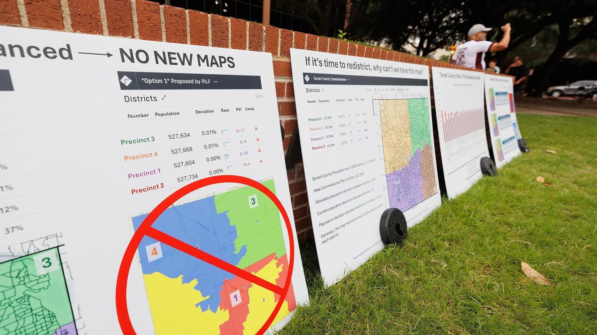 Community members rally outside of the G.K. Maenius Administration Building on Tuesday, June 3, 2025, to protest the proposed redistricting of Tarrant County. The Tarrant County Commissioners Court will vote on Tuesday on a the proposal to redraw precinct boundary lines.