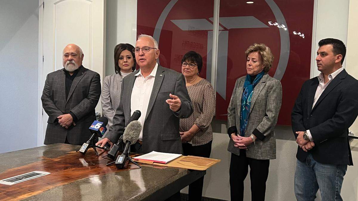 Oscar Trevino, who will not seek reelection in May, delivers remarks Wednesday at his construction company upon the announcement of his retirement.