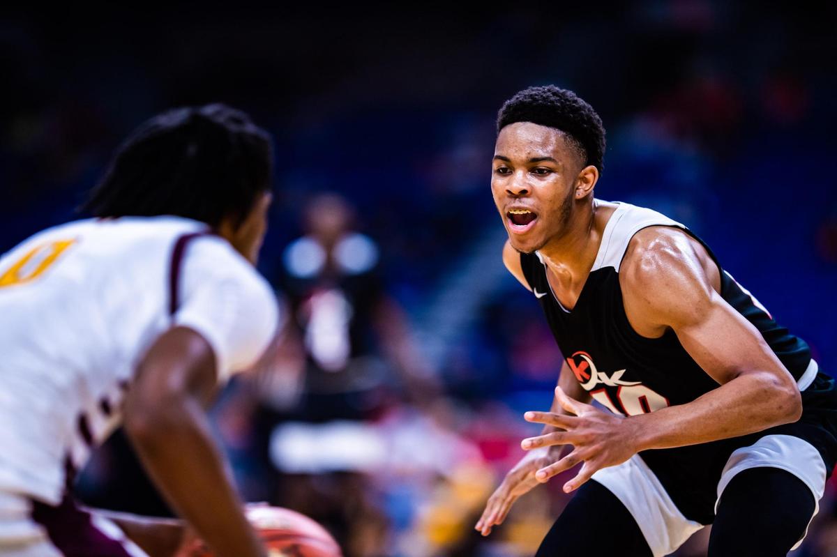 Deonte Greer (10) plays defense during the 5A state final between Beaumont United and Dallas Kimball at the Alamodome in San Antonio Texas, on March 12, 2021. Beaumont United went on to win 71-70 in overtime. (Photo by Matt Smith. Special to the Star-Telegram).