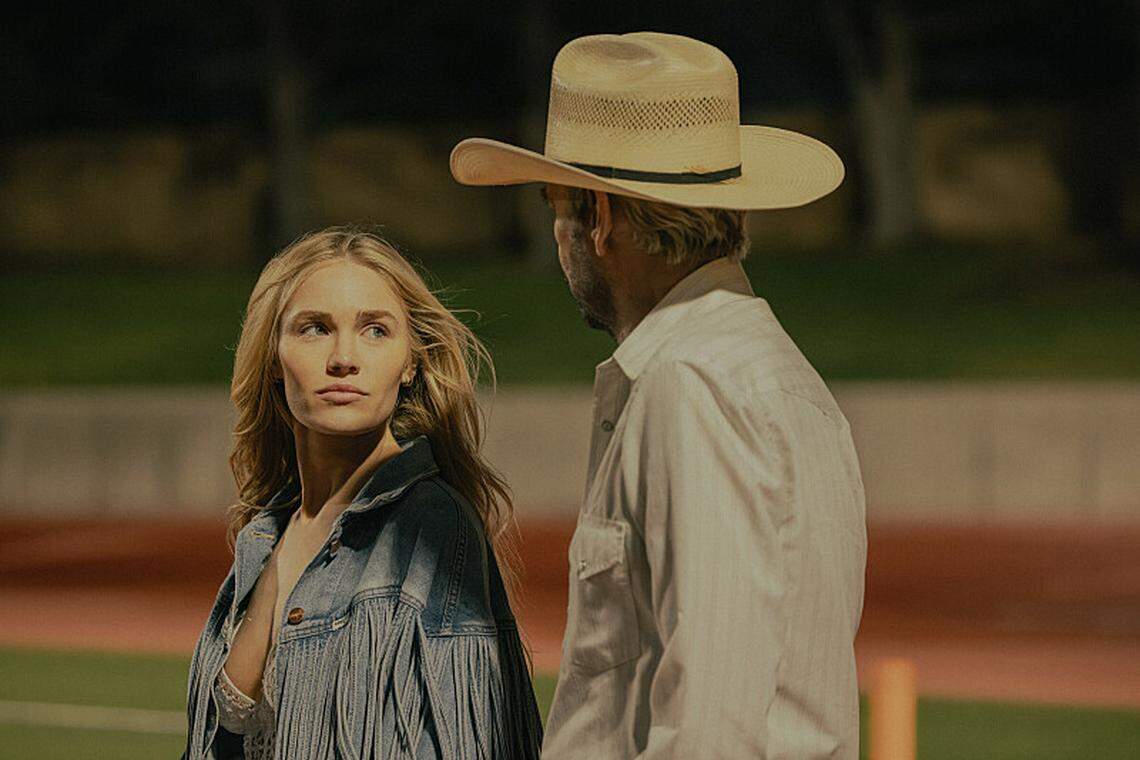 (L-R): Michelle Randolph as Ainsley Norris and Billy Bob Thornton as Tommy Norris in season 1, episode 1 of “Landman” streaming on Paramount+.