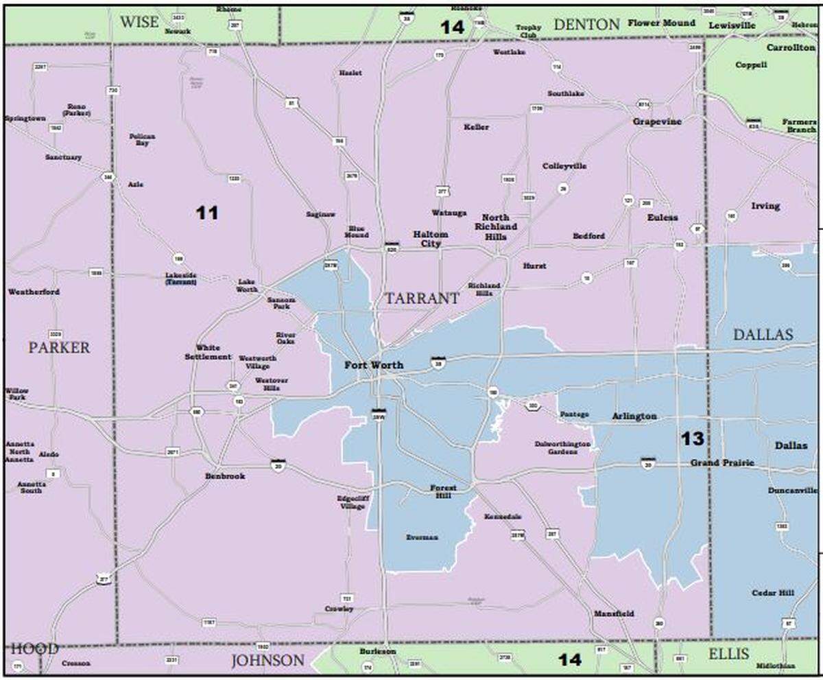 Pictured are the proposed boundaries for Tarrant County’s State Board of Education districts. The map has been sent to Gov. Greg Abbott for approval.