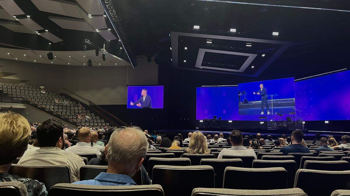 Attendees of Gateway’s Southlake campus 11 a.m. Sunday service listen to recorded sermon from Joakim Lundqvist, a pastor who heads Life Church in Uppsala, Sweeden on June 23, 2024.