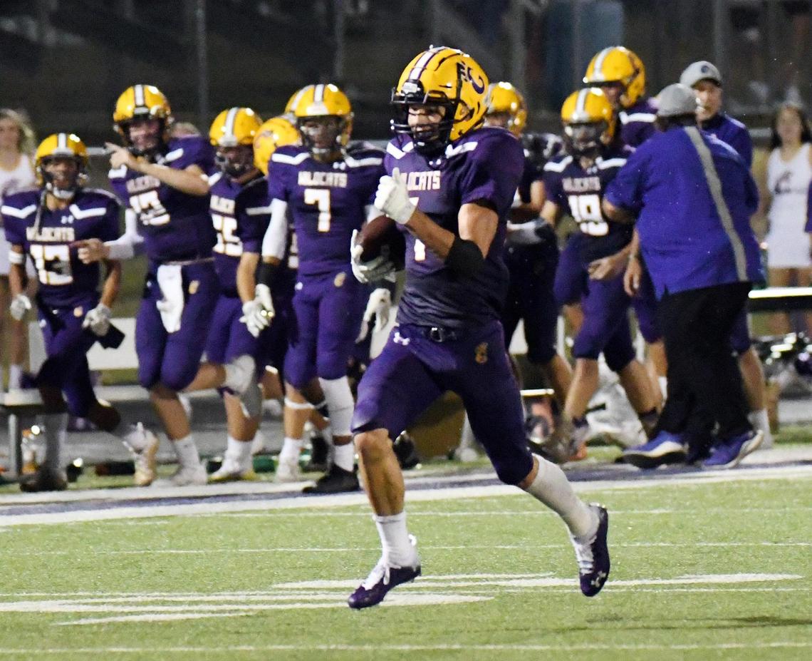 Godley’s Parker Priddy races to the endzone for two points after blocking a Life Waxahachie point after attempt to to make the score 44- 27 in the fourth quarter of their Friday, August 28, 2020 football game in Godley, Texas. Godley won 50-27. Special/Bob Haynes