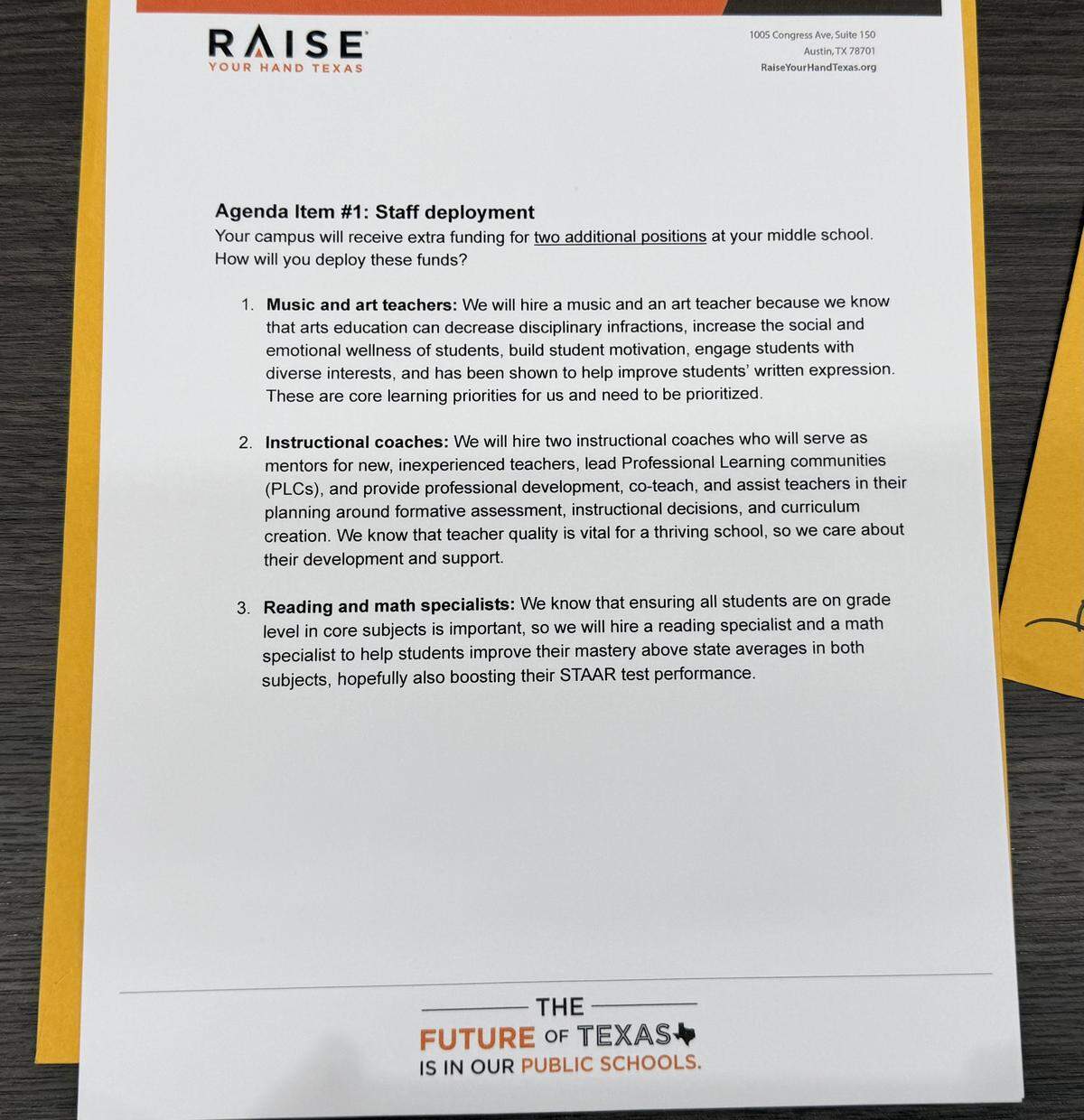Participants were asked to make one selection for their mock middle school, with one answer being a STAAR-aligned selection that would give them a higher mock accountability grade.