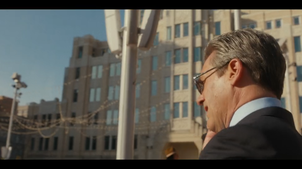 Monty Miller (Jon Hamm) walks through Fort Worth’s Sundance Square Plaza in “Landman” episode four.