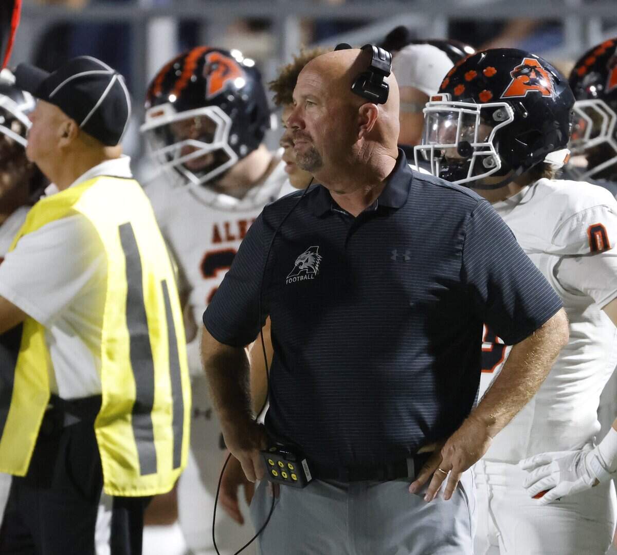 Aledo head coach Robby Jones watches from the sidelines during the first half of a UIL football game between Aledo and Richland at Birdville FAAC Stadium in North Richland Hills, Texas, Thursday, October, 23, 2025.
