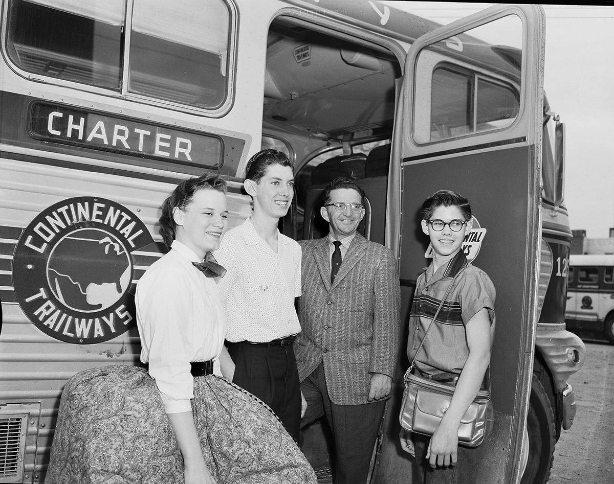 May 8, 1958: Members of the Paschal Hish School Band were treated to an all-day trip to Turner Falls, Okla., courtesy of Paschal Band Boosters Club, whose members chaperoned the trip. Four of those who made the trip by chartered bus are, left to right, Jean Johnston, daughter of Mr. and Mrs. R.P Johnston of 4804 Inwood Rd.; Dean Bingham, son of Mr. and Mrs. J.M. Bingham of 2925 Ryan Ave.; Dr. H.L. Dean of 2212 Park Place Drive, president of the Band Booster, and Odell Baily, son of Mr. and Mrs. O.W. Bailey of 2260 Sixth Ave.