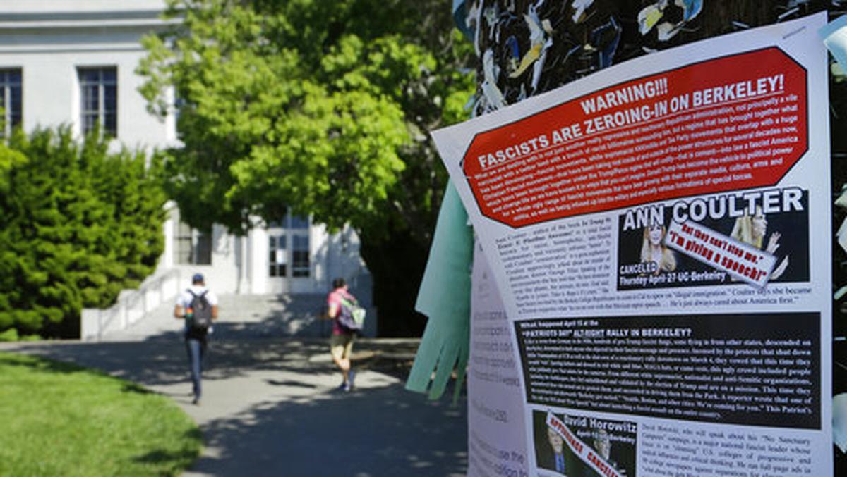 In this April 21, 2017, file photo, a leaflet is seen stapled to a message board near Sproul Hall on the University of California at Berkeley in Berkeley, Calif.