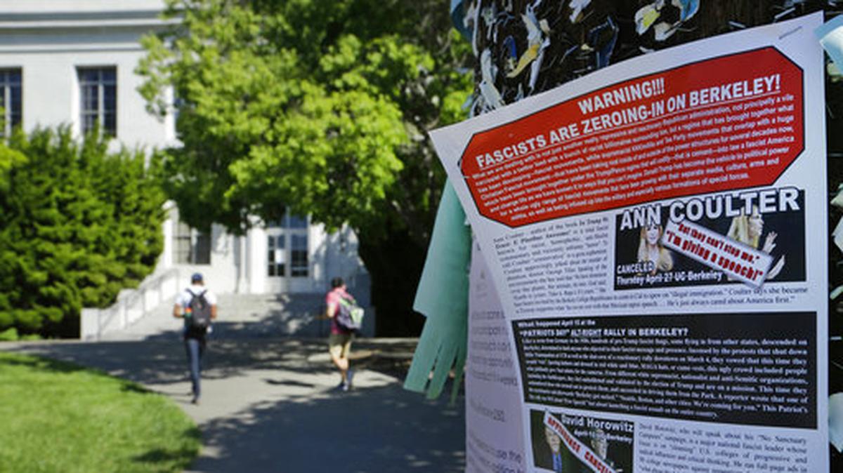 In this April 21, 2017, file photo, a leaflet is seen stapled to a message board near Sproul Hall on the University of California at Berkeley in Berkeley, Calif.