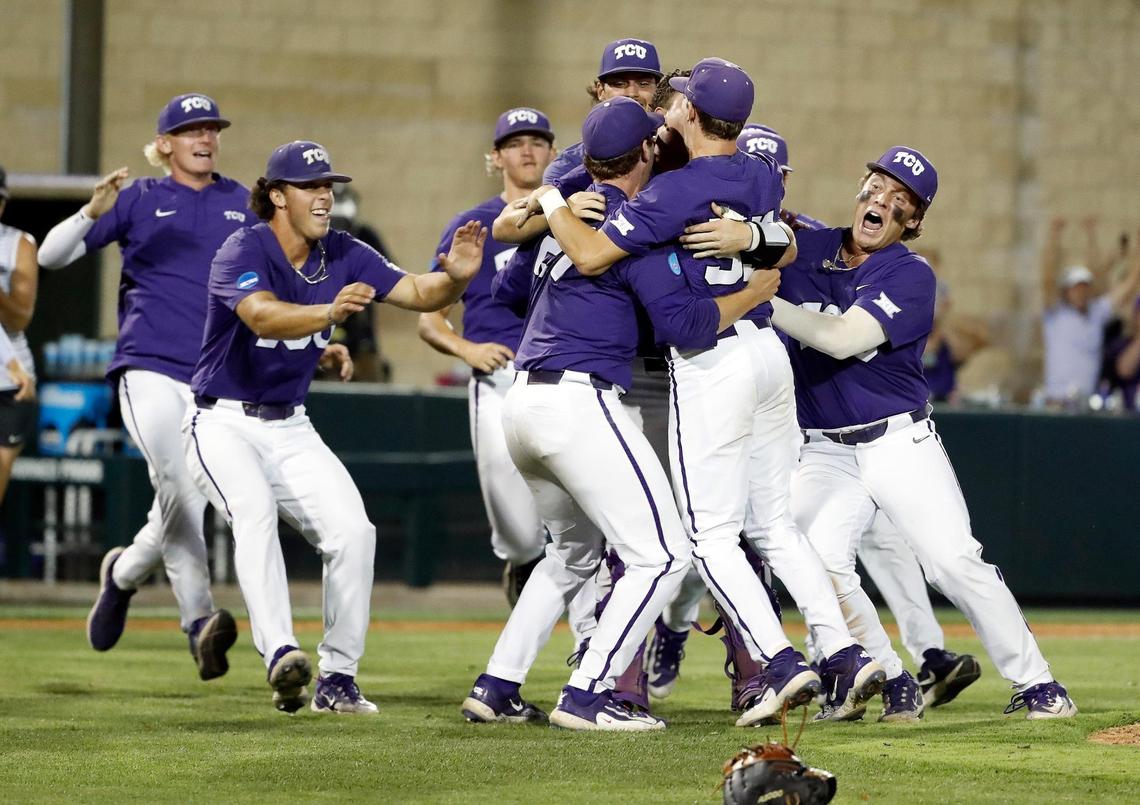 The TCU Horned Frogs rush the field after winning game two of the NCAA Super Regional between TCU and Indiana State at Lupton Stadium in Fort Worth, Texas, Saturday June 10, 2023. Indiana State led 2-0 going into the fourth inning. The game was delayed two hours due to weather. TCU defeated Indians State 6-4 to move on to the College World Series in Omaha. (Special to the Star-Telegram Bob Booth)