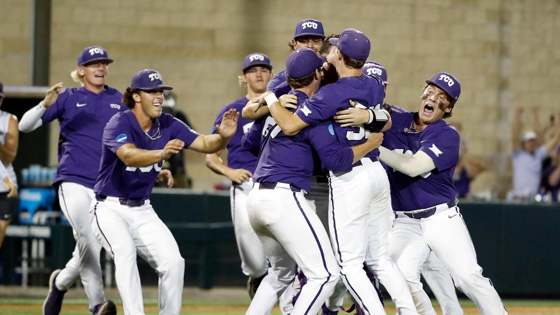 The TCU Horned Frogs rush the field after winning the Super Regional against Indiana State on Saturday.