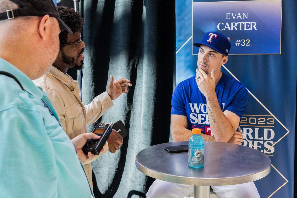 Texas Rangers outfielder Evan Carter speaks with the media during 2023 World Series Media Day at Globe Life Field in Arlington on Thursday, Oct. 26, 2023.