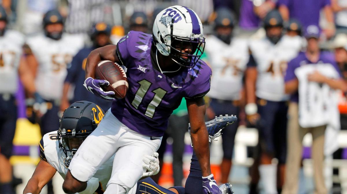 TCU wide receiver Derius Davis (11) caught two touchdown passes in practice No. 7 of fall camp Tuesday. (Special to the Star-Telegram Bob Booth)