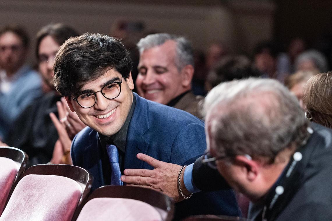 Evren Ozel of the United States reacts after winning the bronze medal during the Van Cliburn International Piano Competition Awards Ceremony at Bass Performance Hall in Fort Worth on Saturday, June 7, 2025.