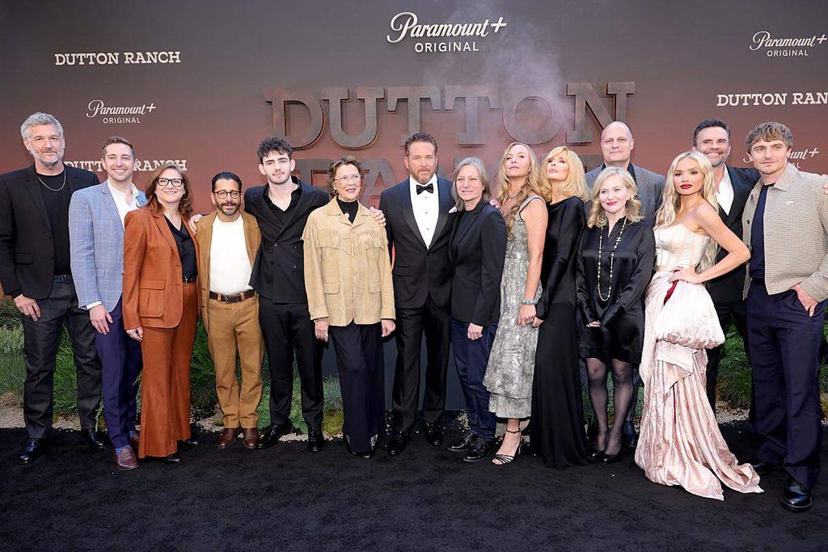 NEW YORK, NEW YORK - MAY 12: (L-R) Keith Cox, Matt Thunell, Dana Goldberg, David Glasser, Finn Little, Annette Bening, Cole Hauser, Cindy Holland, Christina Alexandra Voros, Kelly Reilly, Jane Wiseman, Chris Parnell, Natalie Alyn Lind, Juan Pablo Raba, and Hart Denton attend Paramount+'s "Dutton Ranch" New York Premiere at AMC Lincoln Square 13 on May 12, 2026 in New York City. (Photo by Michael Loccisano/Getty Images)