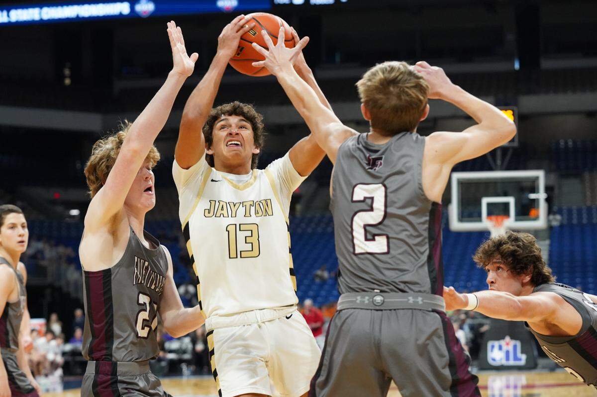 Jayton’s Sean Stanaland goes up for two of his game-high 32 points against Fayetteville in a Class 1A state semifinal on Thursday, March 7, 2024 at the Alamodome in San Antonio, Texas. Jayton defeated Fayetteville 65-26.