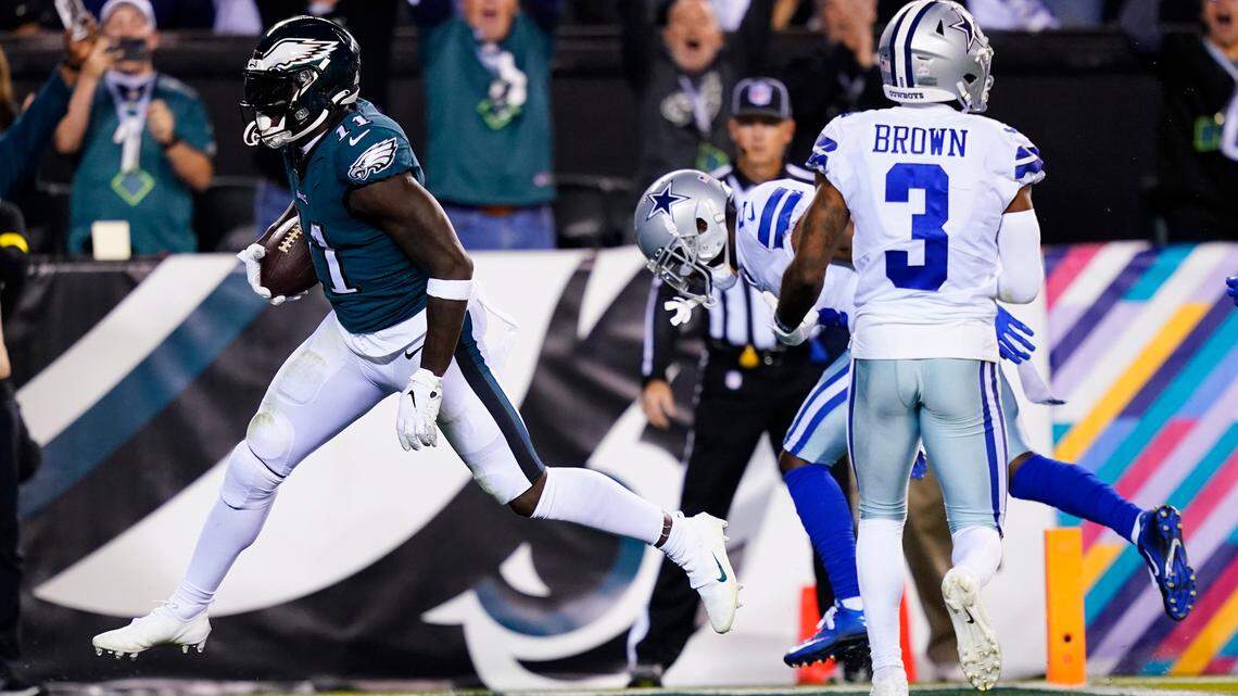 Philadelphia Eagles’ A.J. Brown scores a touchdown during the first half of an NFL football game against the Dallas Cowboys on Sunday.