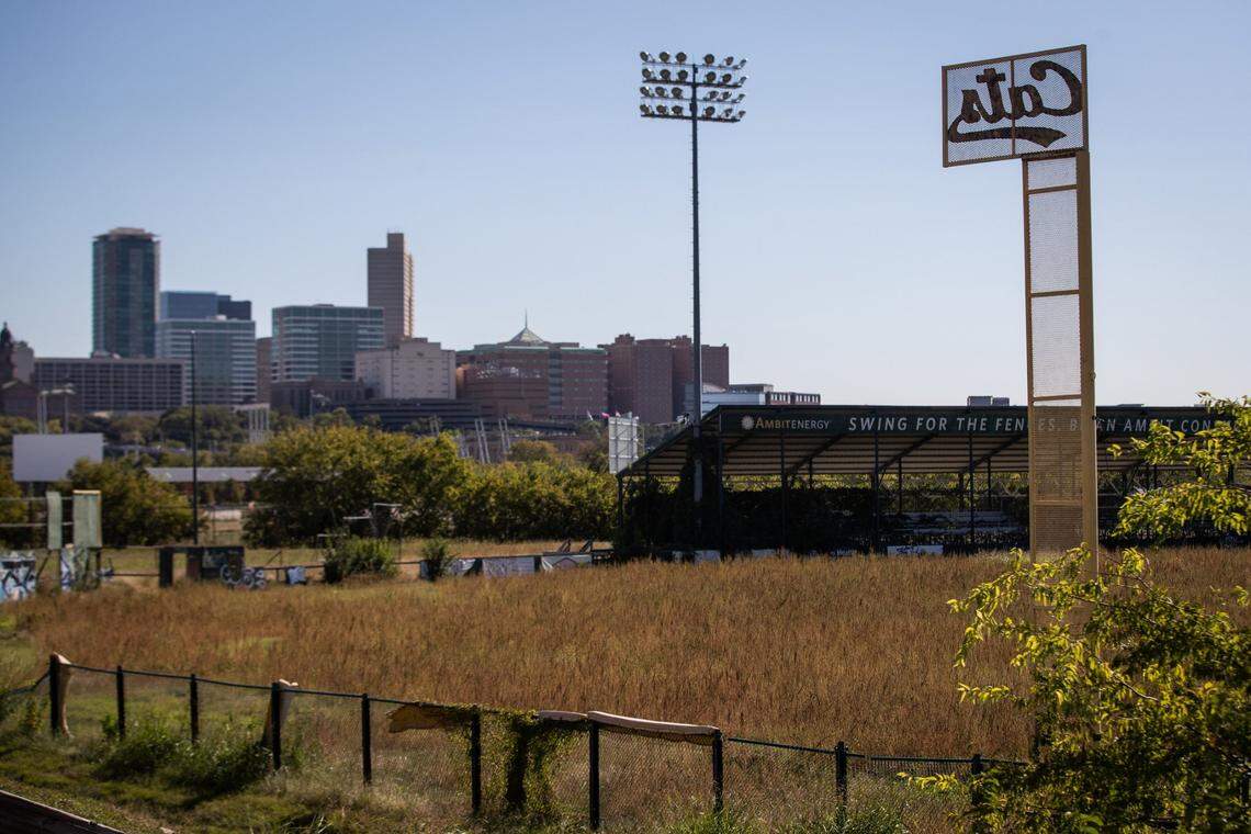 An abandoned minor league baseball stadium in the shadow of Fort Worth's skyline
