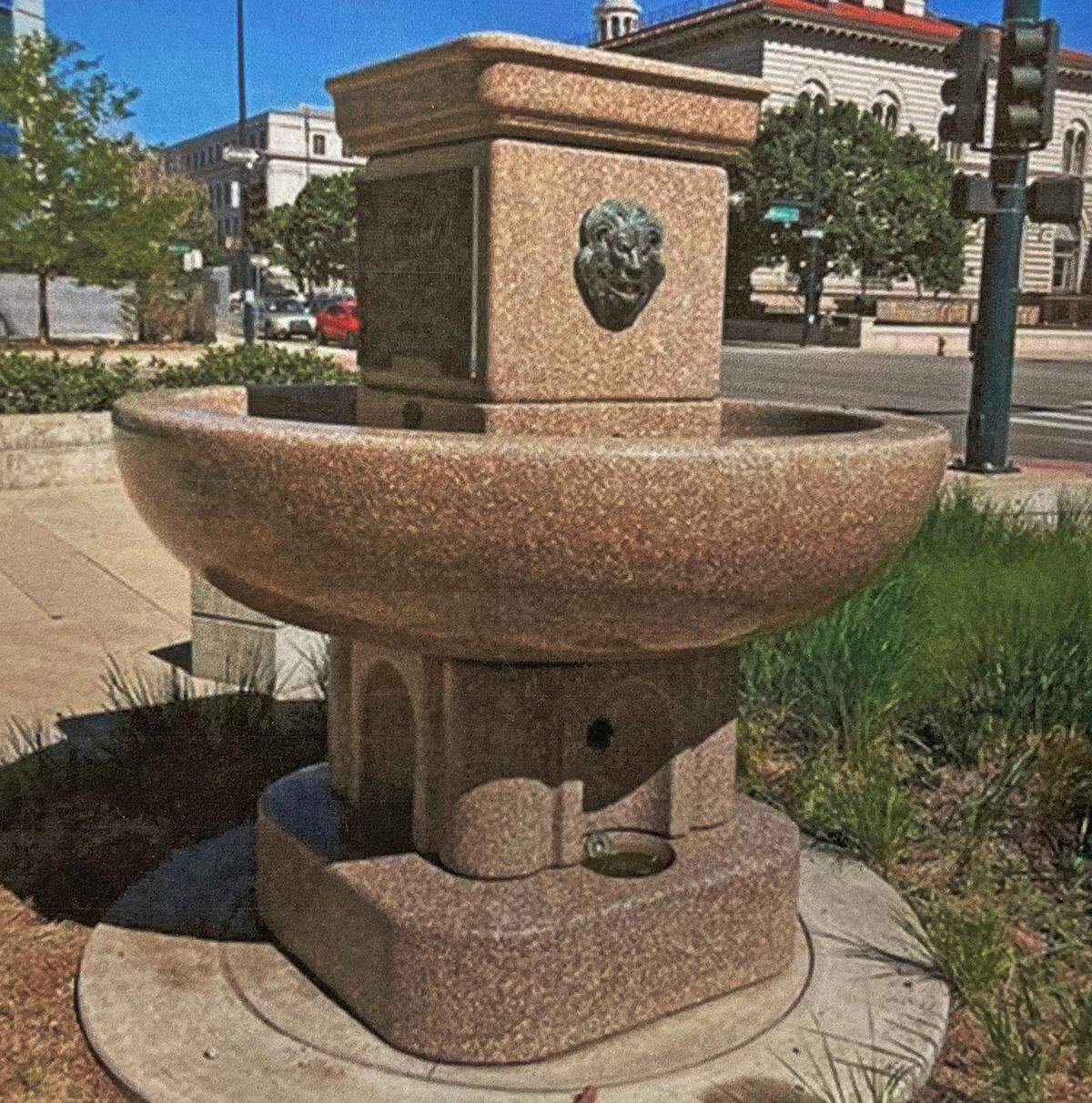This missing pieces of the Fort Worth fountain include a base with bowls for cats and dogs and a middle piece with a lion head as a spout.