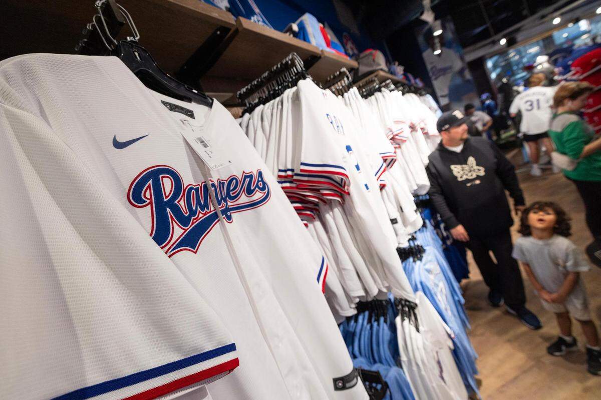 2023 Postseason and World Series merchandise being sold at the Texas Rangers Team Store prior to game one of the 2023 World Series between the Texas Rangers and Arizona Diamondbacks at Globe Life Field in Arlington on Thursday.