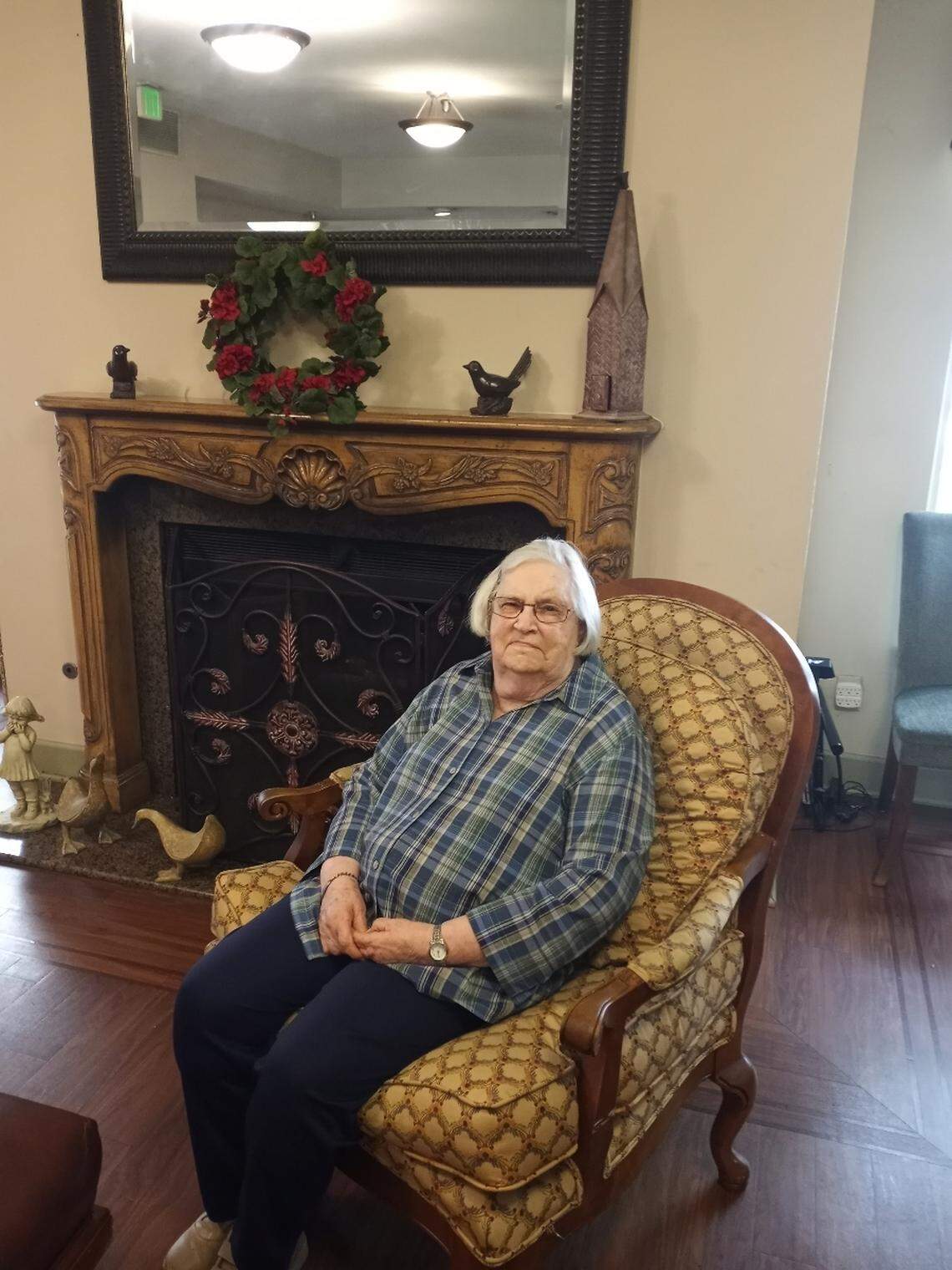 Marion Meyer, 86, in her assisted living center in Fort Worth. Meyer said being able to visit with a family member through video calls helped her through the pandemic.