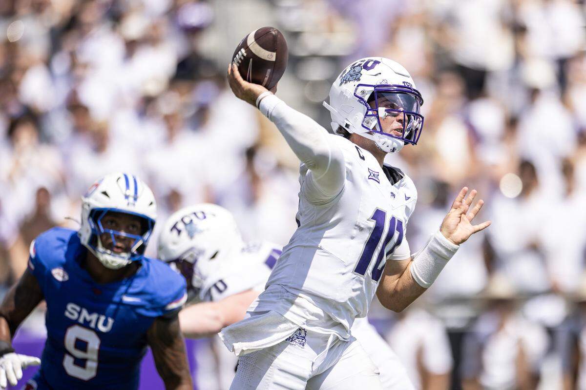 TCU quarterback Josh Hoover (10) throws a pass in the second half of an NCAA football game between TCU and SMU at Amon G. Carter Stadium in Fort Worth on Saturday, Sept. 20, 2025. TCU won 35-24 in the final Iron Skillet Rivalry game.