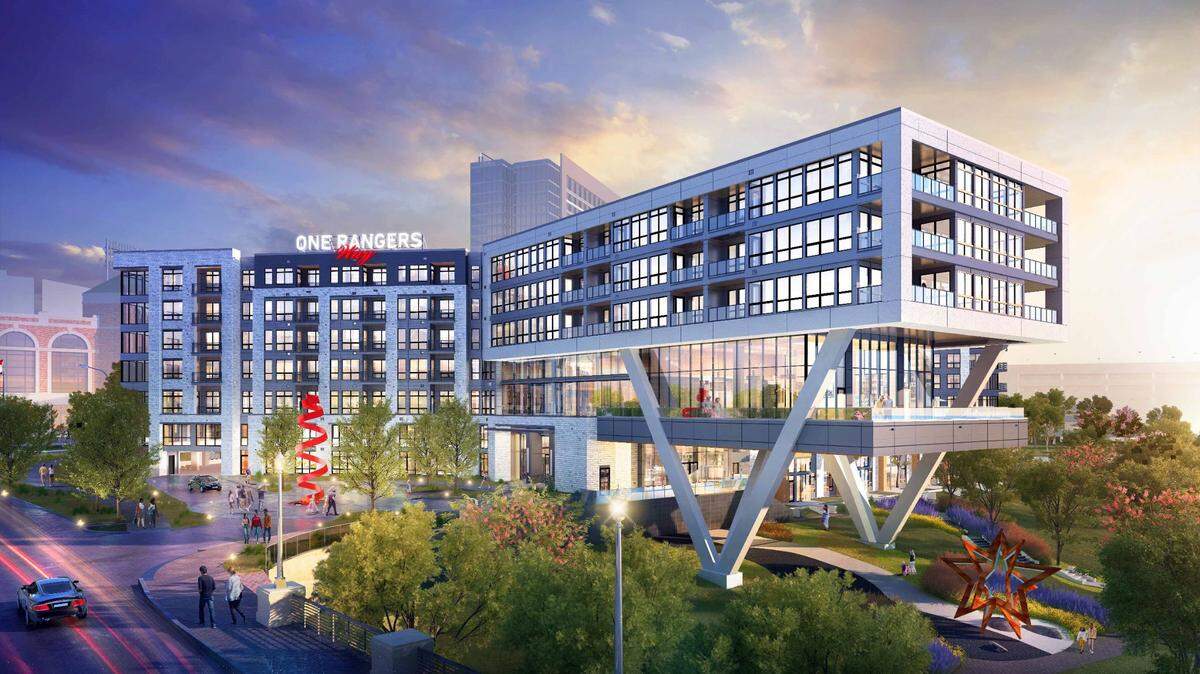A rendering of One Ranger Way, a luxurious, resort-style residential building that will be finished in December of 2024. It is located in Arlington’s Entertainment District, making it a few-minute walk from AT&T Stadium and Globe Life Field.