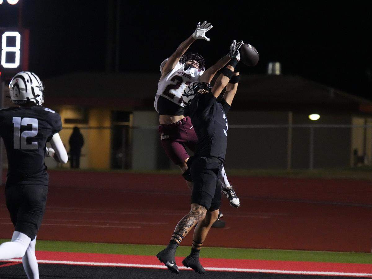 Grandview’s Preston Davis (3) breaks up a pass intended for Whitesboro’s Mason Scarbrough (21) on Thursday, November 14, 2024 at Mustang-Panther Stadium in Grapevine, Texas.