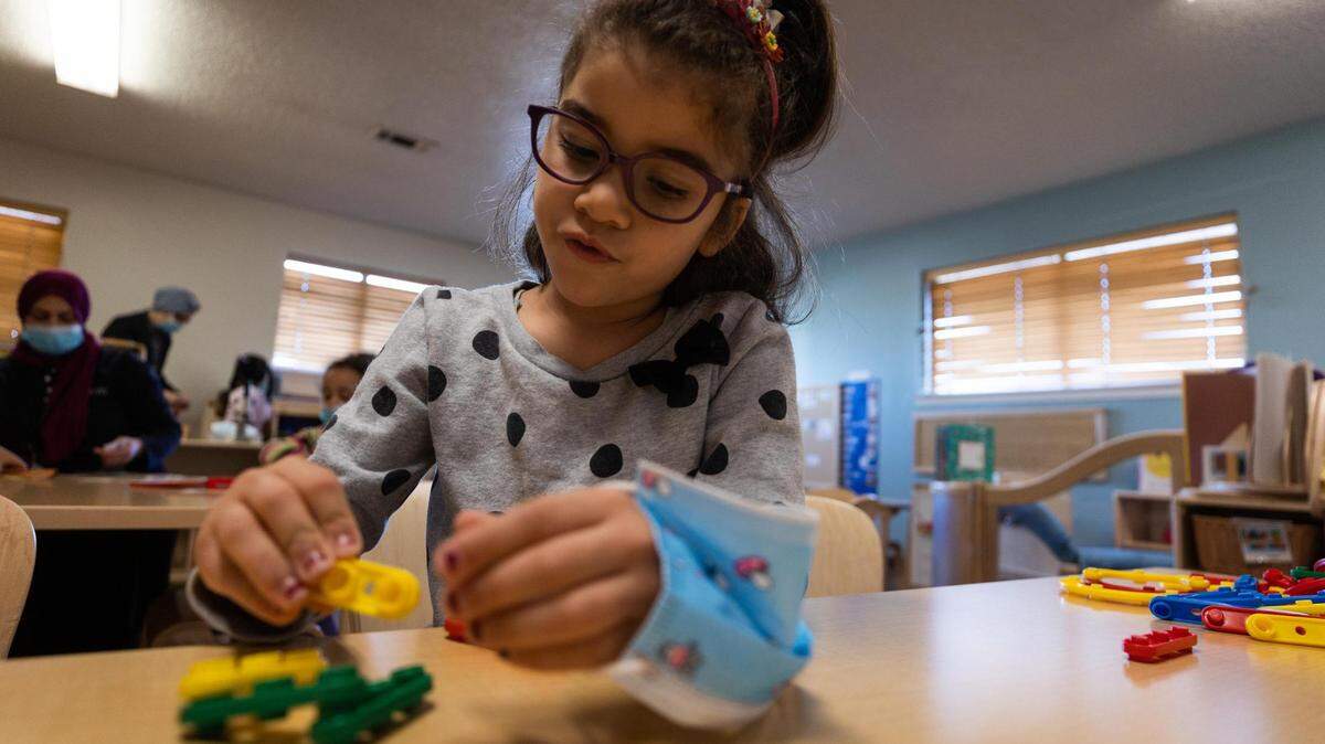 Mariam Mahmoud, 4, plays in the newly renovated classroom Feb. 10, 2022, at Mid-Cities Head Start in Euless. The school building reopened a year after the building flooded in the 2021 winter storm.