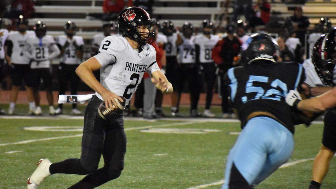 Colleyville Heritage quarterback Bodey Weaver ran for a 17-yard touchdown on this carry against Arlington Seguin during the second quarter of a UIL football game at C.H. Wilemon Stadium on Thursday, Oct. 17, 2024.