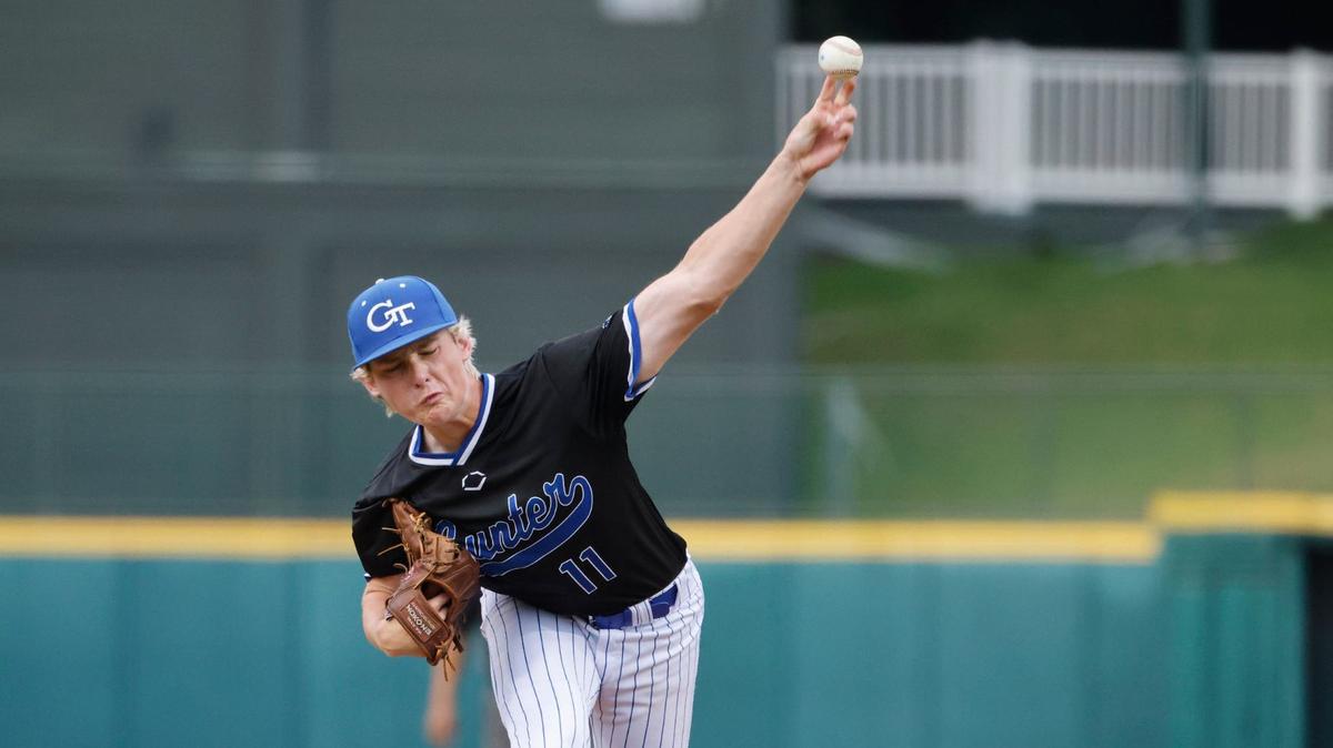 Gunter pitcher Jarrett Waggoner works the first inning during game 1 of a UIL Conference 3A Region 2 final baseball playoff game at Riders Field in Frisco, Texas, Thursday May 30, 2024.