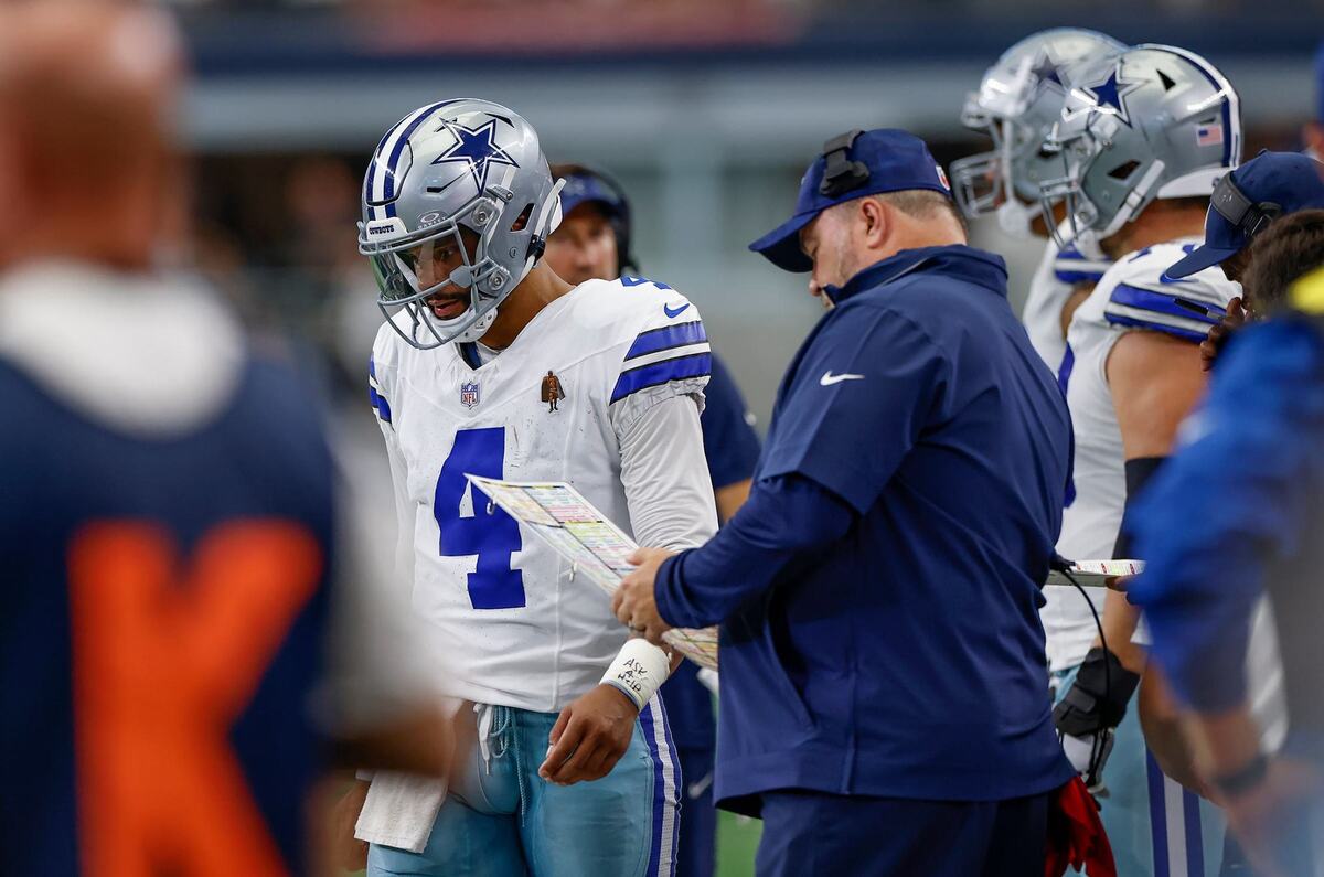 Dallas Cowboys quarterback Dak Prescott on the sidelines with head coach Mike McCarthy during a losing performance against the New Orleans Saints on Sunday, at AT&T Stadium in Arlington.