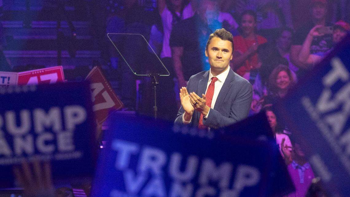 Turning Point USA co-founder Charlie Kirk walks on stage on Aug. 23, 2024, at Desert Diamond Arena in Glendale, Ariz.