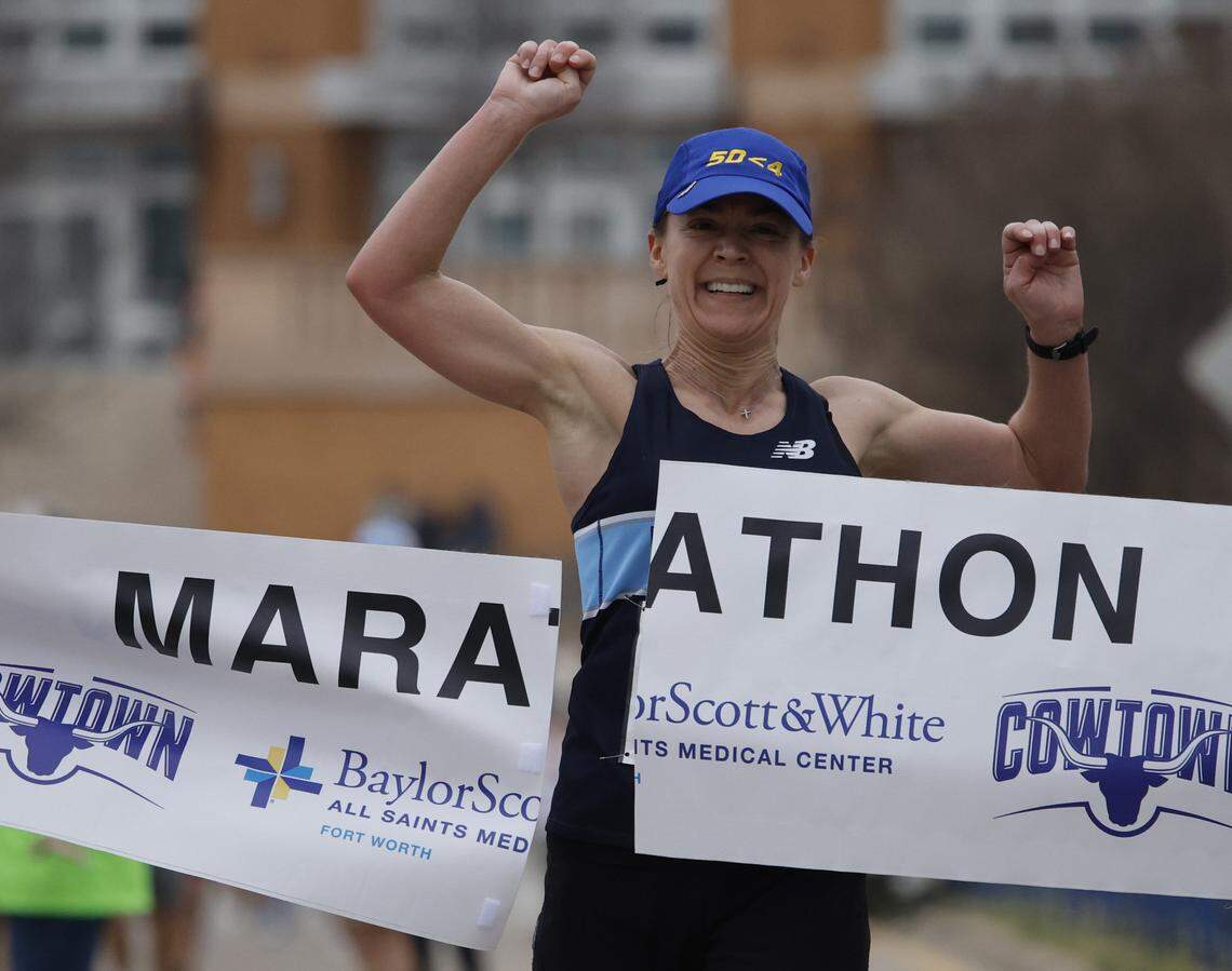 Sadie Smith wins the women’s marathon with a time of 2:59:37 during the 48th running of the Cowtown Marathon at the Will Rogers Memorial Center in Fort Worth, Texas, Sunday, Mar. 01, 2026.