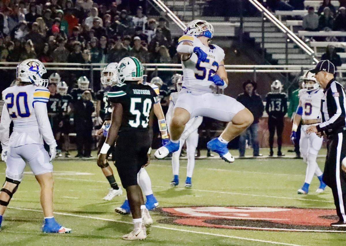 Brock defensive lineman Brock Riker celebrates against Paradise in a Class 3A Division 1 state quarterfinal on Friday, December 1, 2023 at Ram Stadium in Mineral Wells, Texas.